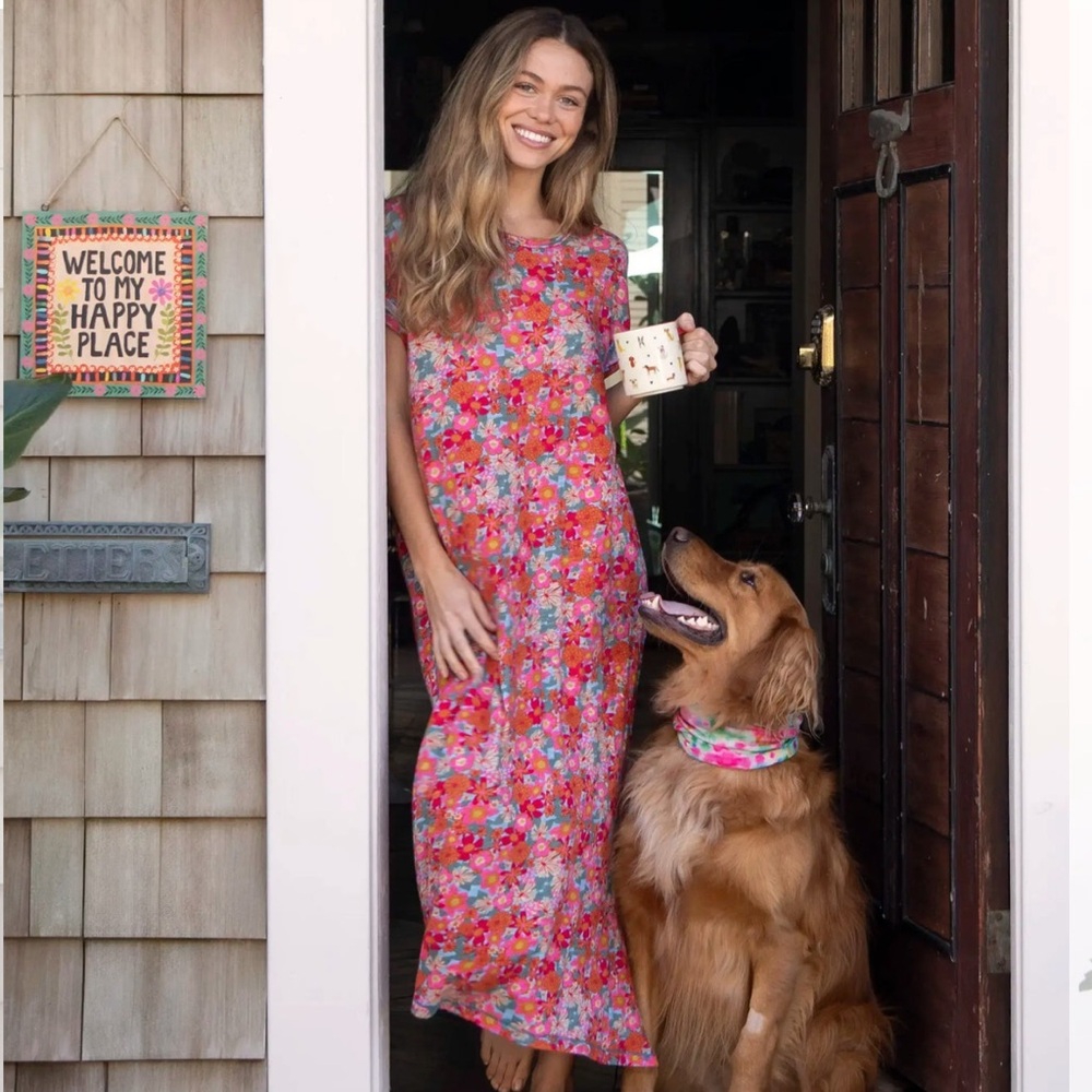 Frankie Knit Cotton Tee Midi Dress - Pink Red Floral